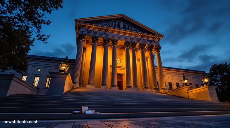 A cinematic photorealistic editorial photograph showing the imposing facade of a federal courthouse building at dusk, with dr