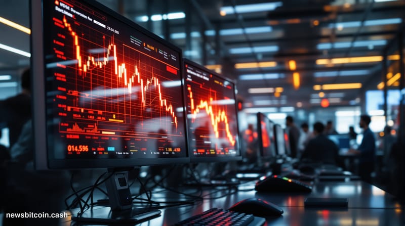 A cinematic photorealistic editorial photograph showing a dramatic financial crisis scene in a modern trading floor or fintec