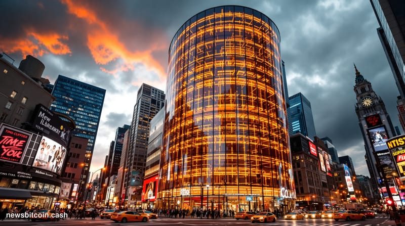 A cinematic photorealistic editorial photograph of the iconic curved Nasdaq MarketSite building in Times Square, New York Cit