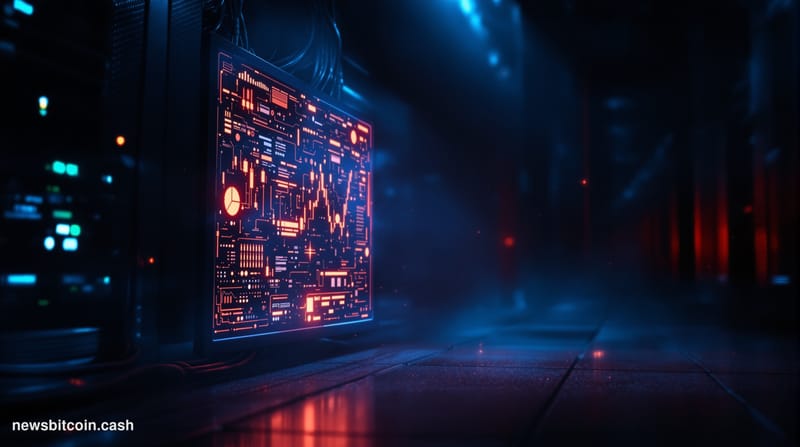 A cinematic photorealistic editorial photograph showing a darkened computer server room with rows of inactive servers casting