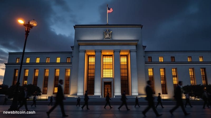 A cinematic photorealistic editorial photograph of the imposing Federal Reserve building in Washington DC at dusk, shot from 