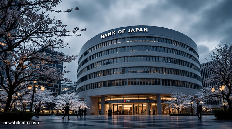 A cinematic photorealistic editorial photograph of the Bank of Japan headquarters in Tokyo's financial district, shot from a 