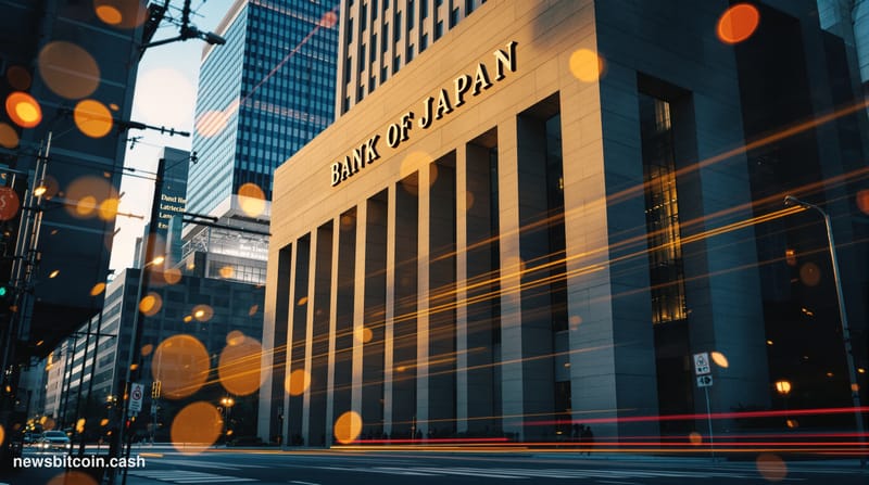 A cinematic photorealistic editorial photograph showing the imposing Bank of Japan headquarters building in Tokyo's financial