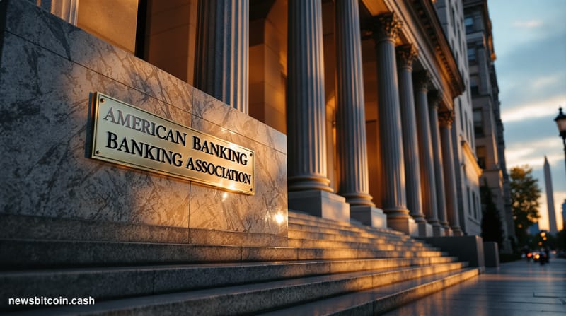 A cinematic photorealistic editorial photograph showing the marble exterior facade of a major banking association headquarter