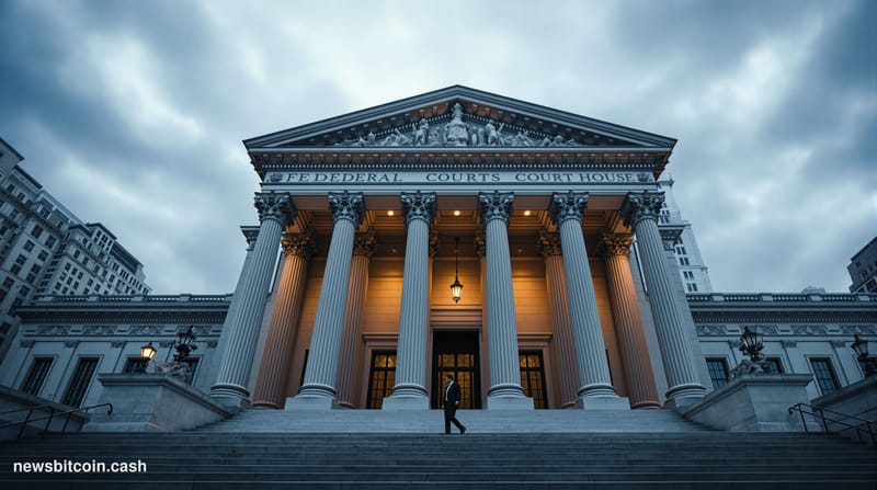A cinematic photorealistic editorial photograph of the imposing federal courthouse building in Lower Manhattan where appeals 