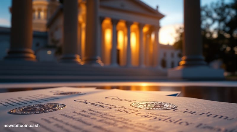A cinematic photorealistic editorial photograph showing the imposing facade of a federal courthouse at dusk, with dramatic go