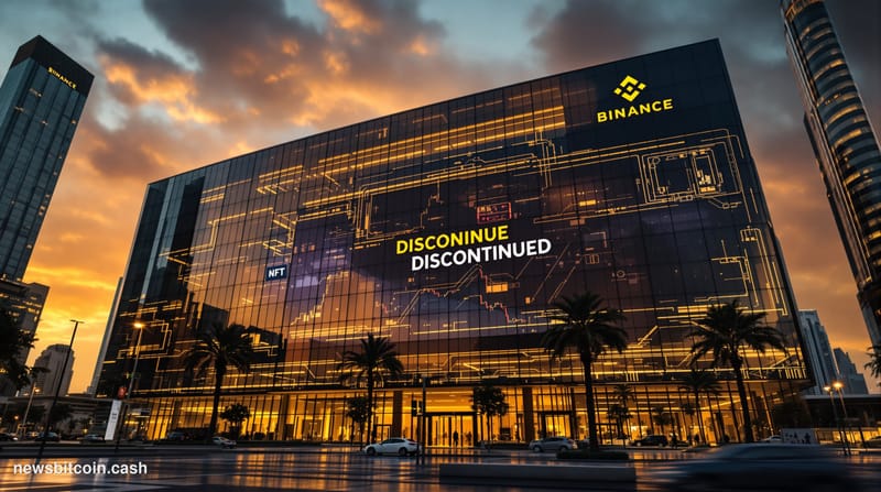 A dramatic cinematic photorealistic editorial photograph showing Binance's headquarters in Dubai at golden hour, with the dis