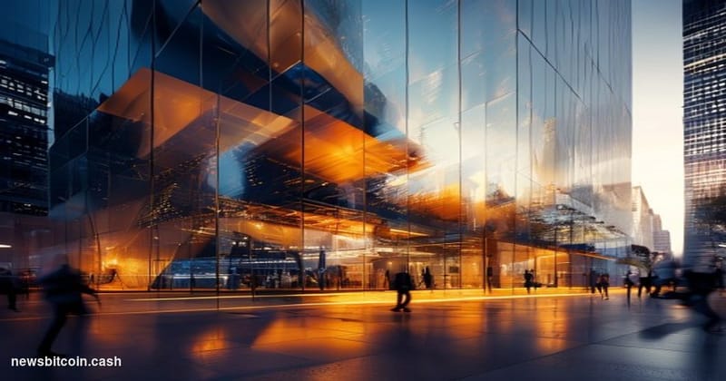 A cinematic photorealistic editorial photograph showing the iconic Binance headquarters building in a modern financial distri