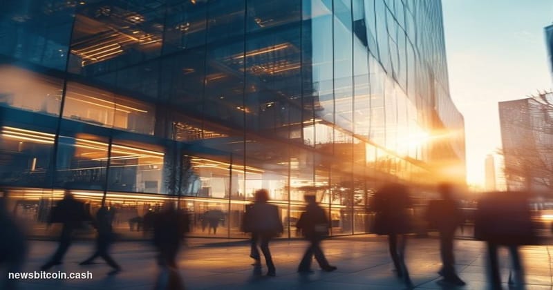 A cinematic photorealistic editorial photograph showing the exterior of Binance's headquarters building in Dubai or Singapore