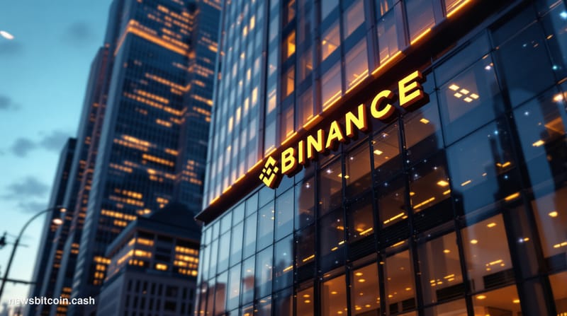 A cinematic photorealistic editorial photograph showing the exterior of a modern financial district building at dusk, with Bi