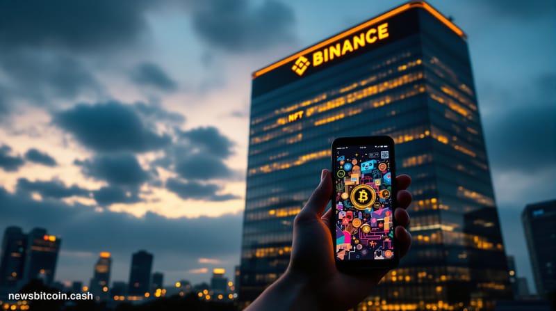 A cinematic photorealistic editorial photograph showing the Binance headquarters building in Singapore at dusk, with dramatic