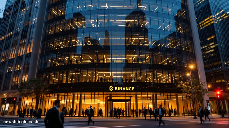 Cinematic photorealistic editorial photograph showing Binance's headquarters building in an urban financial district at dusk,