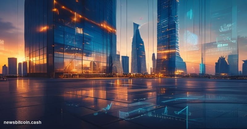 Cinematic photorealistic editorial photograph of Binance's sleek corporate headquarters in Dubai at dusk, with the distinctiv