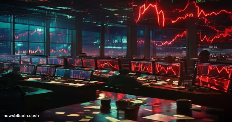 A cinematic photorealistic editorial photograph of a dramatic trading floor scene during market turmoil, shot from a high ang