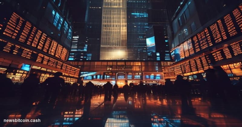 A cinematic photorealistic editorial photograph showing the iconic Chicago Mercantile Exchange (CME) trading floor in dramati