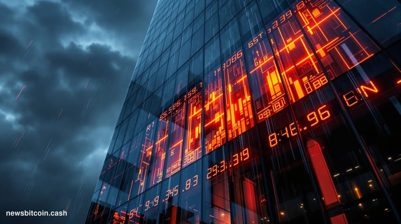 A cinematic photorealistic editorial photograph capturing the intersection of traditional and digital finance under stress. S
