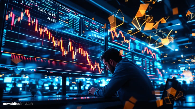 A cinematic photorealistic editorial photograph showing a dramatic financial trading floor scene with multiple large monitors