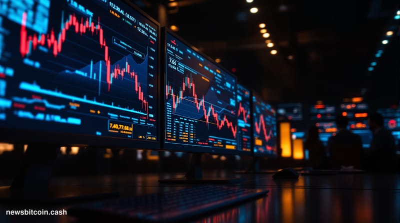 A cinematic photorealistic editorial photograph of a modern cryptocurrency trading floor or institutional trading desk, captu