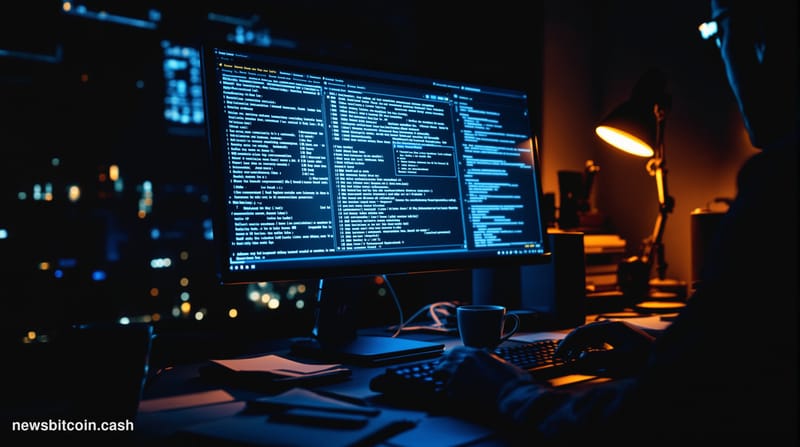 A cinematic photorealistic editorial photograph showing a dark computer screen displaying Bitcoin Core software interface wit