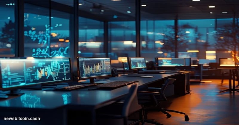 A cinematic photorealistic editorial photograph capturing the tension of weak Bitcoin trading activity. The scene shows a mod
