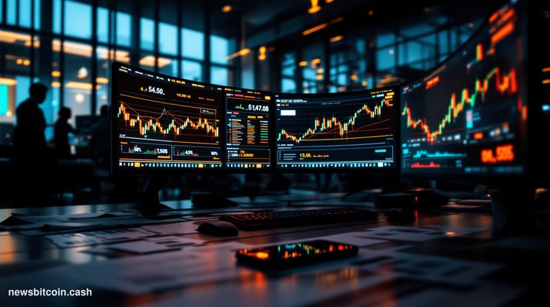 A cinematic photorealistic editorial photograph showing a dramatic financial trading floor scene with multiple curved monitor