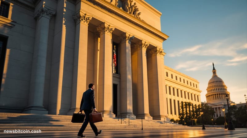 A cinematic photorealistic editorial photograph showing the imposing granite facade of the Federal Reserve building in Washin