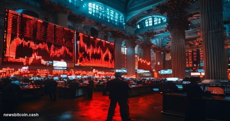 A cinematic photorealistic editorial photograph showing the New York Stock Exchange trading floor during a bearish session, w