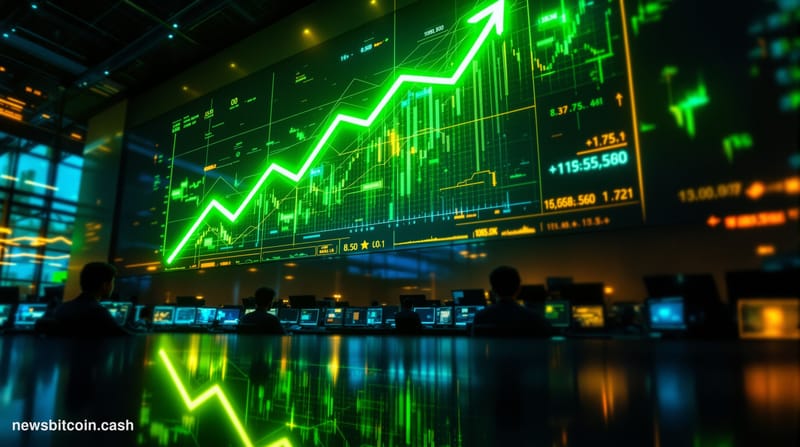 A cinematic photorealistic editorial photograph capturing Bitcoin's market momentum through a dramatic trading floor perspect