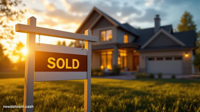 A cinematic photorealistic editorial photograph showing a modern residential home in Michigan with a "SOLD" sign in the foreg