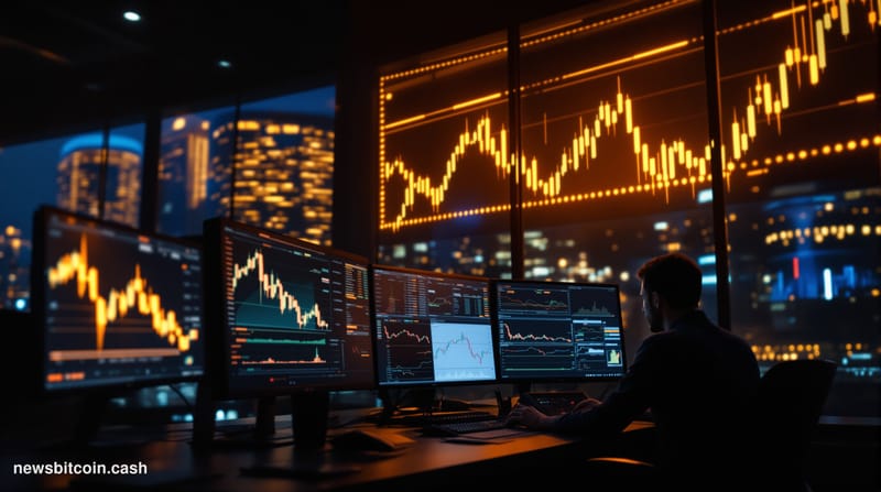 A cinematic photorealistic editorial photograph of a dimly lit trading floor or financial district at dusk, with multiple mon