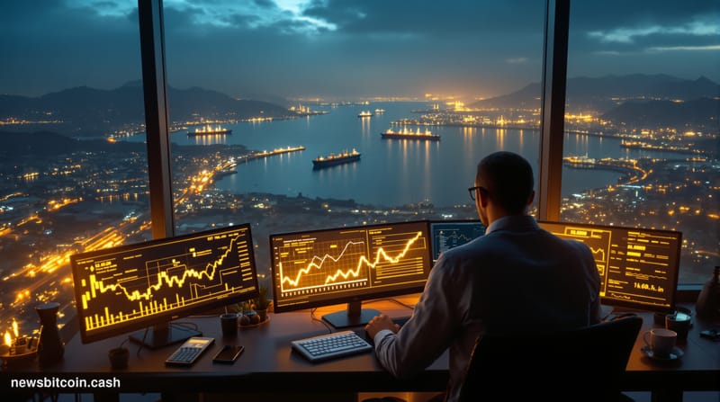 A cinematic photorealistic editorial photograph capturing Bitcoin's resilience amid global economic turbulence. The scene sho