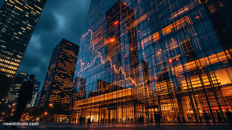 A cinematic photorealistic editorial photograph capturing the tension between Bitcoin's institutional promise and market vola