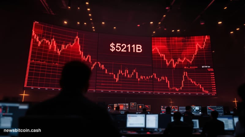 A cinematic photorealistic editorial photograph showing a dramatic financial trading floor environment with multiple large di