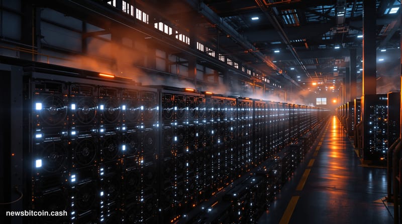 A cinematic photorealistic editorial photograph of a massive Bitcoin mining facility at dusk, showing rows of ASIC miners wit