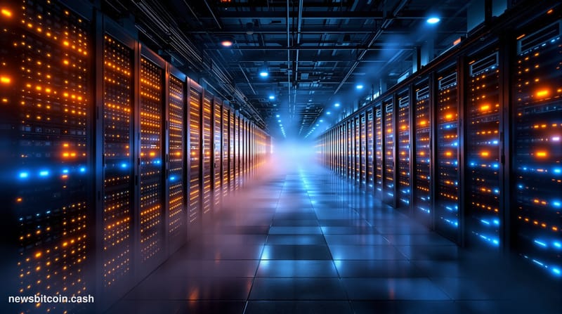 A cinematic photorealistic editorial photograph of a large-scale Bitcoin mining facility in twilight, shot from an elevated t