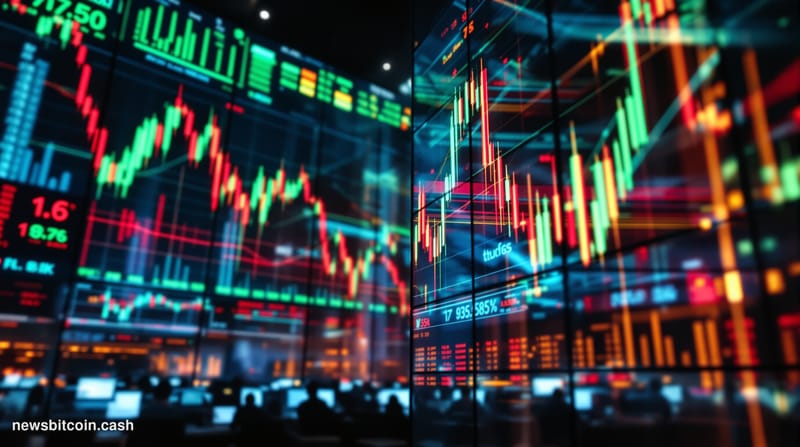 A dramatic cinematic photograph of a massive electronic trading floor or financial data center, shot from a low angle looking