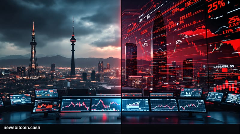 A dramatic cinematic photorealistic editorial photograph capturing the intersection of geopolitical tension and financial mar