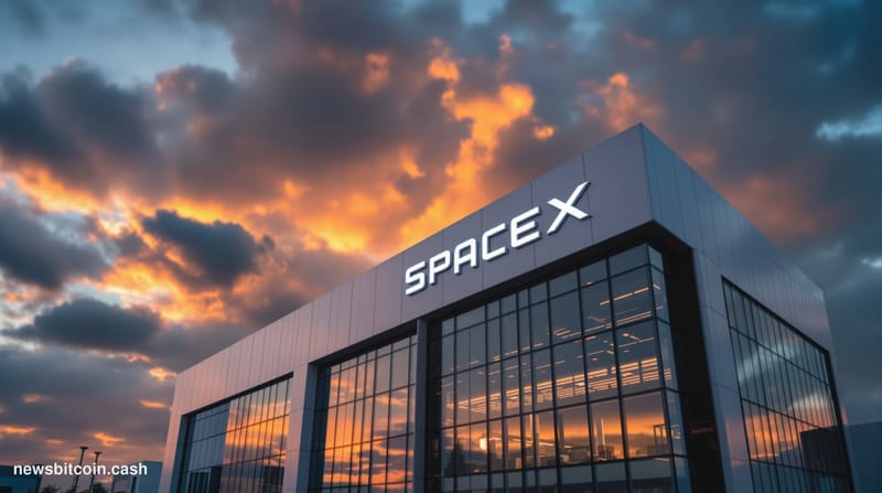 A cinematic photorealistic editorial photograph of the SpaceX headquarters in Hawthorne, California during golden hour, with 