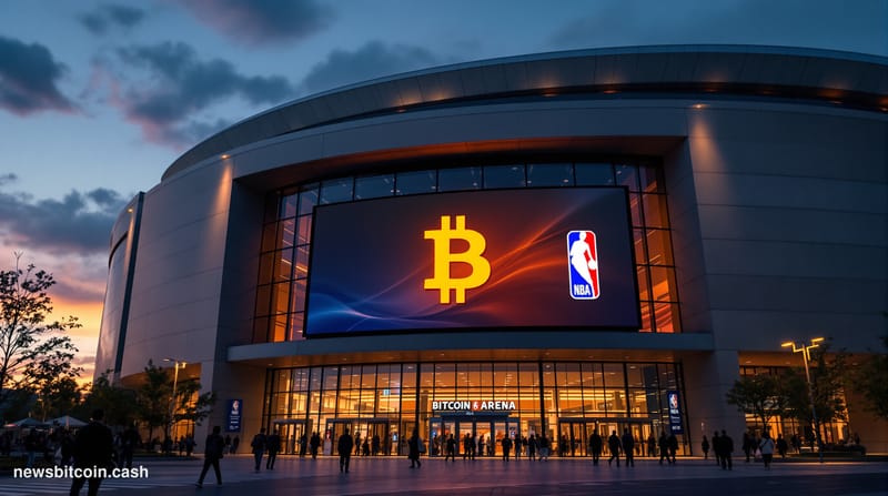 A cinematic photorealistic editorial photograph capturing the intersection of Bitcoin and NBA basketball culture. The scene s