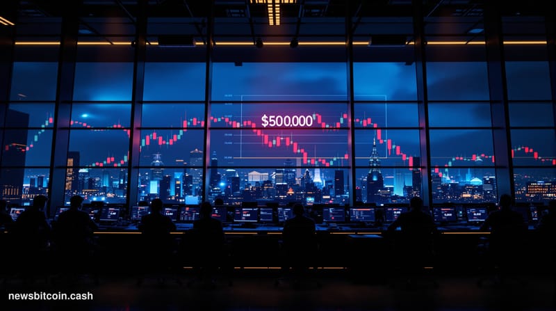 A cinematic photorealistic editorial photograph showing a dramatic low-angle view of a modern financial trading floor or cryp
