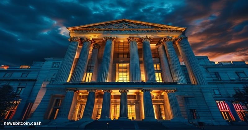 A dramatic photorealistic editorial photograph showing the imposing Federal Reserve building in Washington DC at dusk, with i