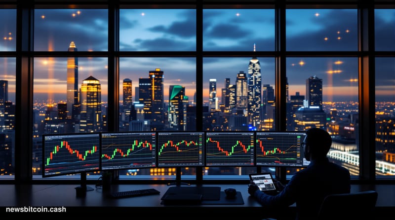 A cinematic photorealistic editorial photograph of a modern financial research facility, featuring floor-to-ceiling windows o