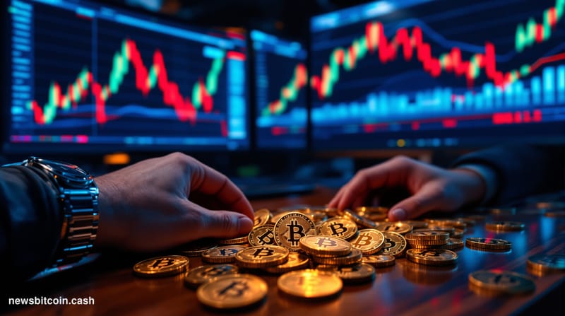 A cinematic photorealistic editorial photograph showing a dramatic close-up of physical Bitcoin coins scattered across a maho
