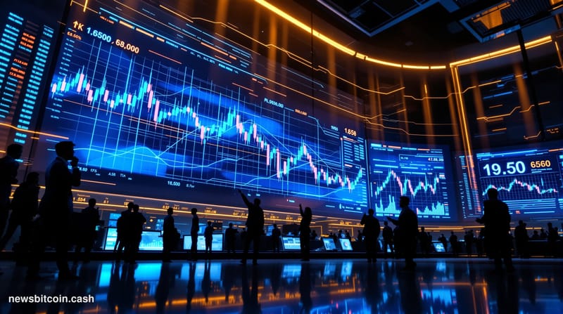 A cinematic photorealistic editorial photograph showing a dramatic trading floor scene with multiple large digital displays s