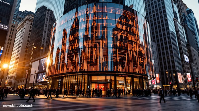 A cinematic photorealistic editorial photograph showing the iconic Nasdaq MarketSite building in Times Square, New York, capt