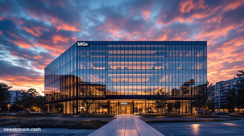 A cinematic photorealistic editorial photograph capturing BitGo's corporate headquarters in Palo Alto, California, shot from 