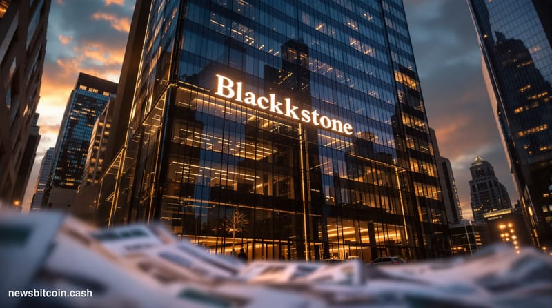 A cinematic photorealistic editorial photograph of Blackstone's imposing Manhattan headquarters at 345 Park Avenue, shot from