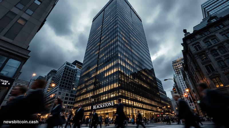 A cinematic photorealistic editorial photograph of Blackstone's imposing Manhattan headquarters at 345 Park Avenue, shot from