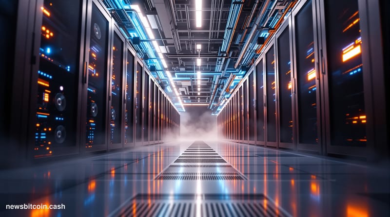 A cinematic photorealistic editorial photograph showing a modern data center facility with rows of Bitcoin mining ASIC machin