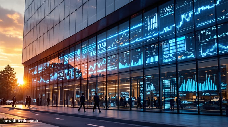 A cinematic photorealistic editorial photograph showing the sleek modern office headquarters of a major crypto data company, 